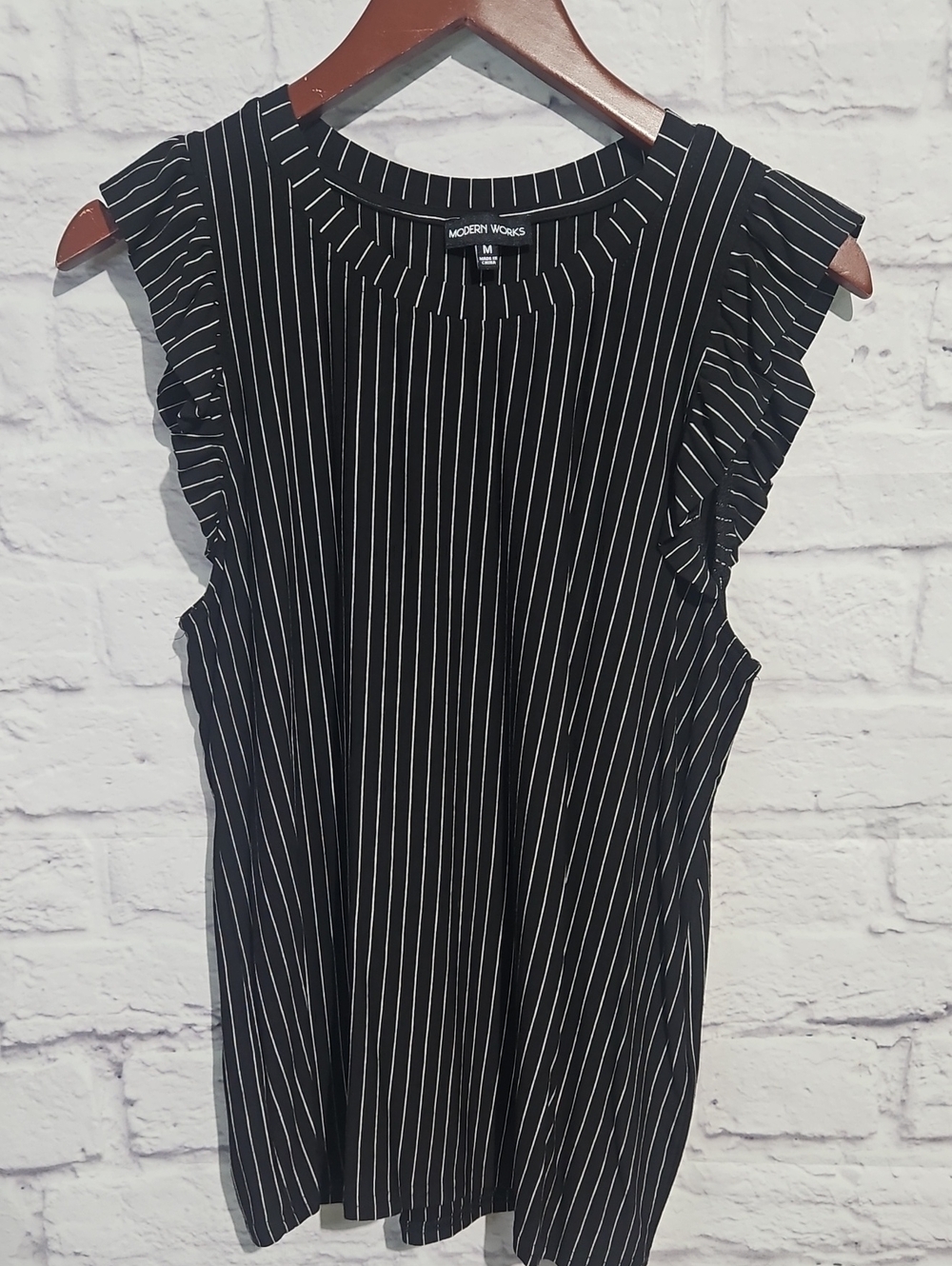 Modern Works Black Pinstripe Ruffle Sleeve Tank